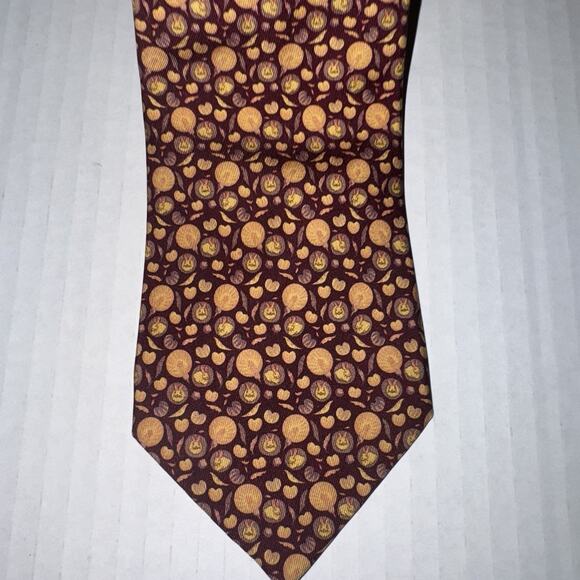 Salvatore Ferragamo Tie Mens Silk Burgundy Gold Novelty Faces Pumpkins Fall - Picture 3 of 7